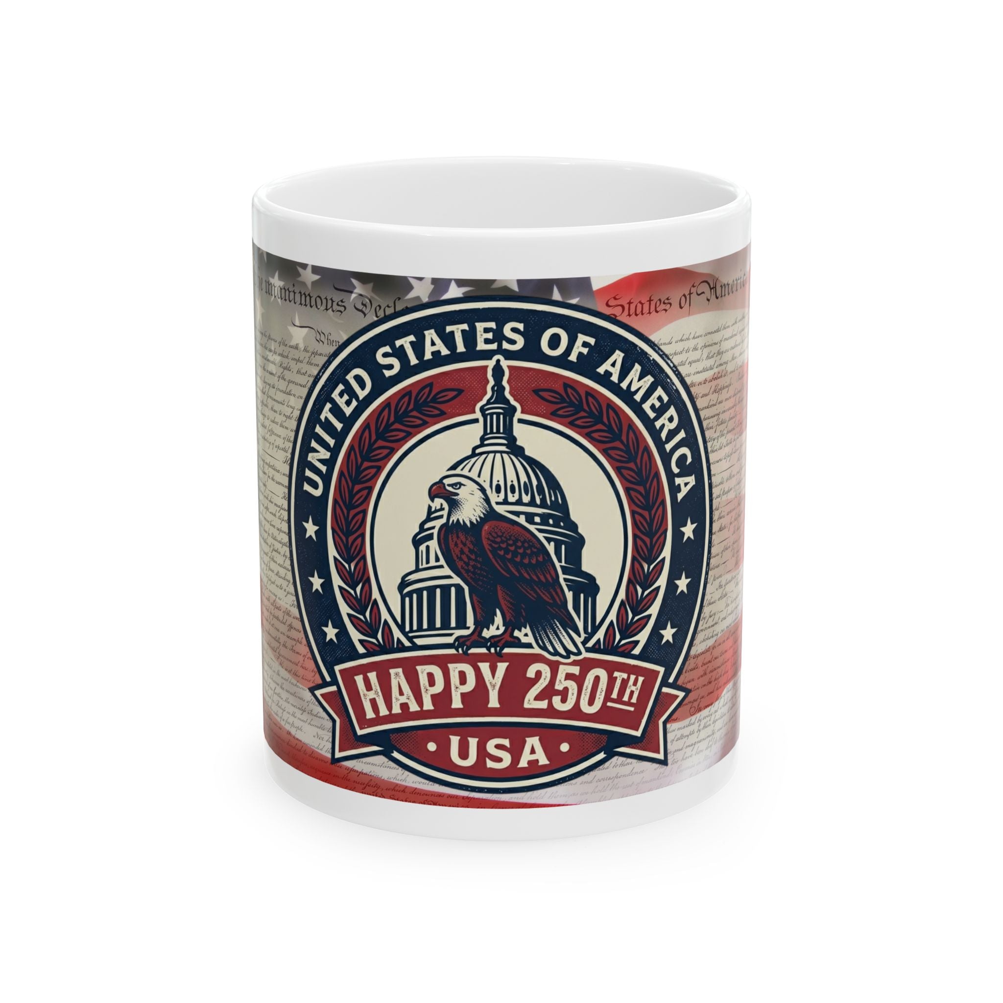 USA 250th Anniversary Ceramic Mug — 'Happy 250th' Patriotic Eagle & Capitol Design